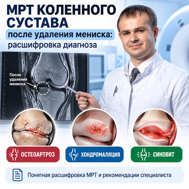 МРТ коленного сустава после удаления мениска: расшифровка диагноза (остеоартроз, хондромаляция, синовит)